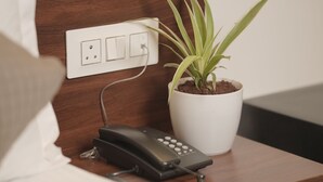 A neatly made bed with a white pillow, a bedside table with a potted plant, a black telephone, and a power outlet. - Hotel Rajputana International Raipur (Raipur)