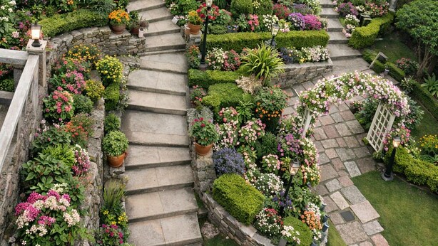 Un jardín bien cuidado con una variedad de plantas y flores, senderos de piedra y zonas de estar al aire libre.