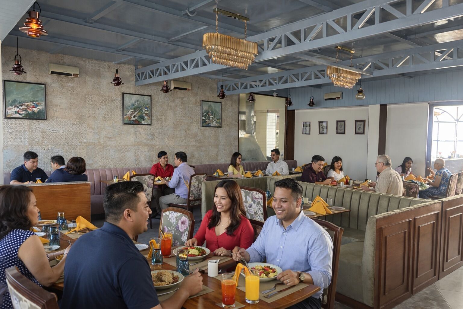 A restaurant with high ceilings, exposed beams, and hanging chandeliers. Tables are set with plates, glasses, and orange drinks.