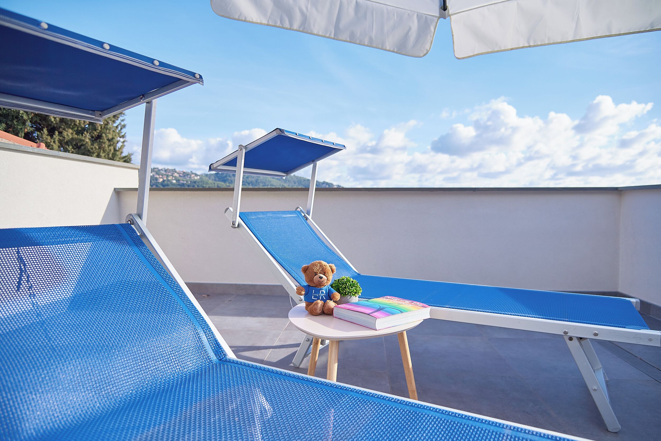 A rooftop terrace with blue sun loungers, a small table with a teddy bear, a book, and a potted plant.