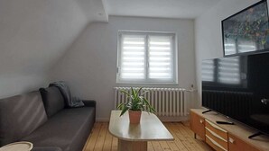 Un salon moderne avec un canapé gris, une table basse en bois sur laquelle est posée une plante en pot, un téléviseur sur un meuble en bois et une fenêtre avec des stores.