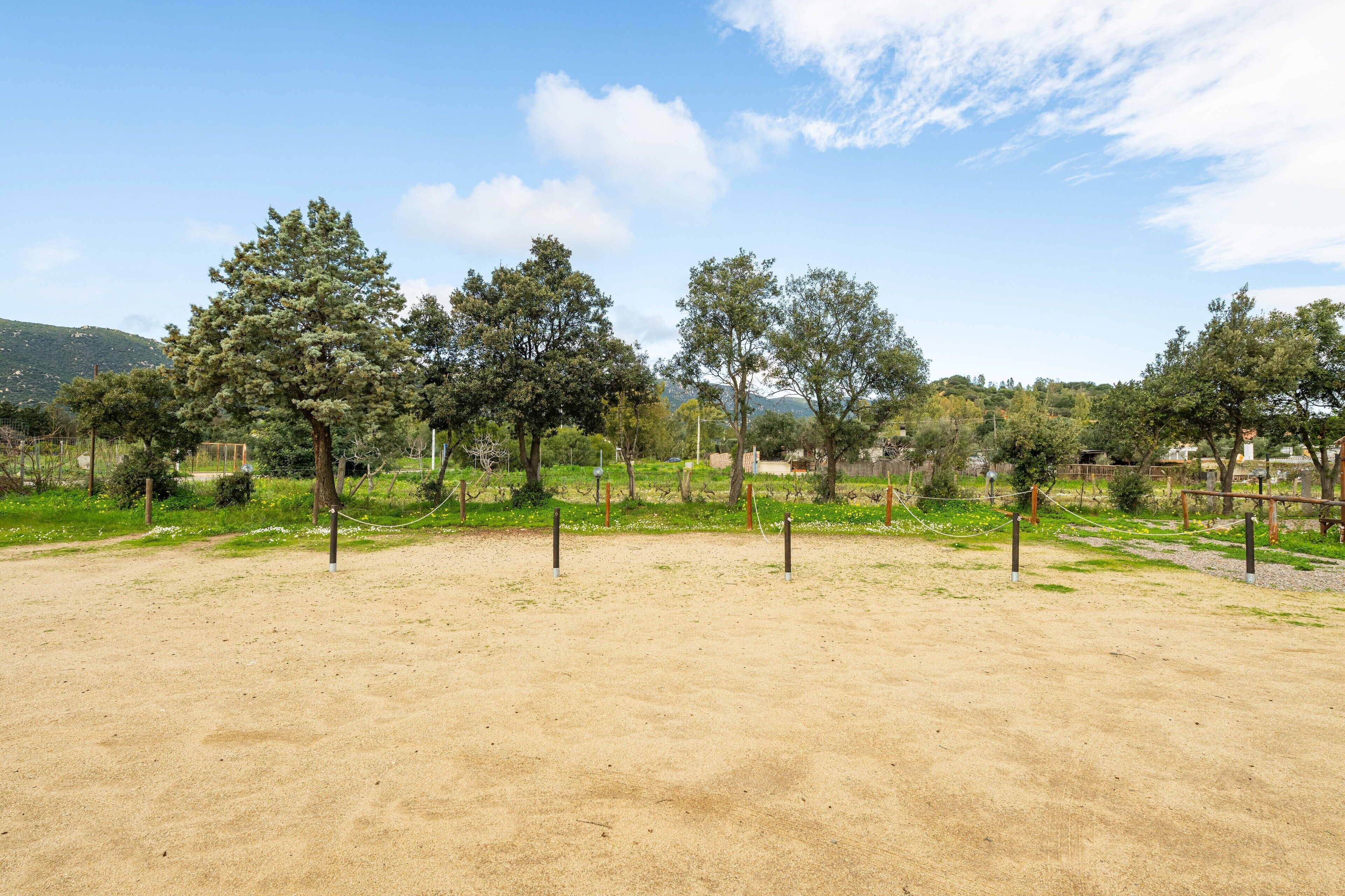 Un espace extérieur ouvert, agrémenté d’arbres et délimité par une clôture.