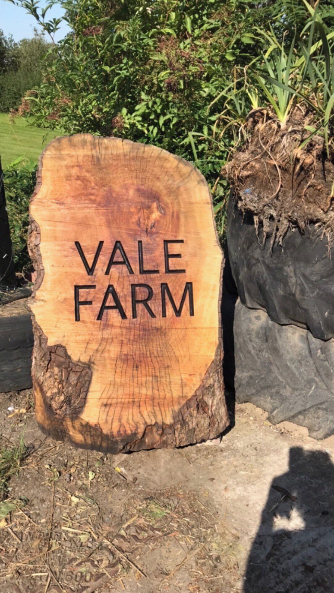 Un gran letrero de madera con el texto "VALE FARM" grabado.