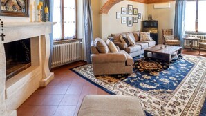 Una sala de estar acogedora con chimenea, un conjunto de sofás y un tapete estampado.