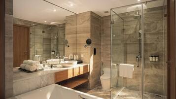 Rainfall showerhead, hair dryer, bathrobes, slippers