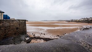 Eine Küstenansicht mit einer Steinmauer, einem Sandstrand und einer Reihe von Häusern im Hintergrund.