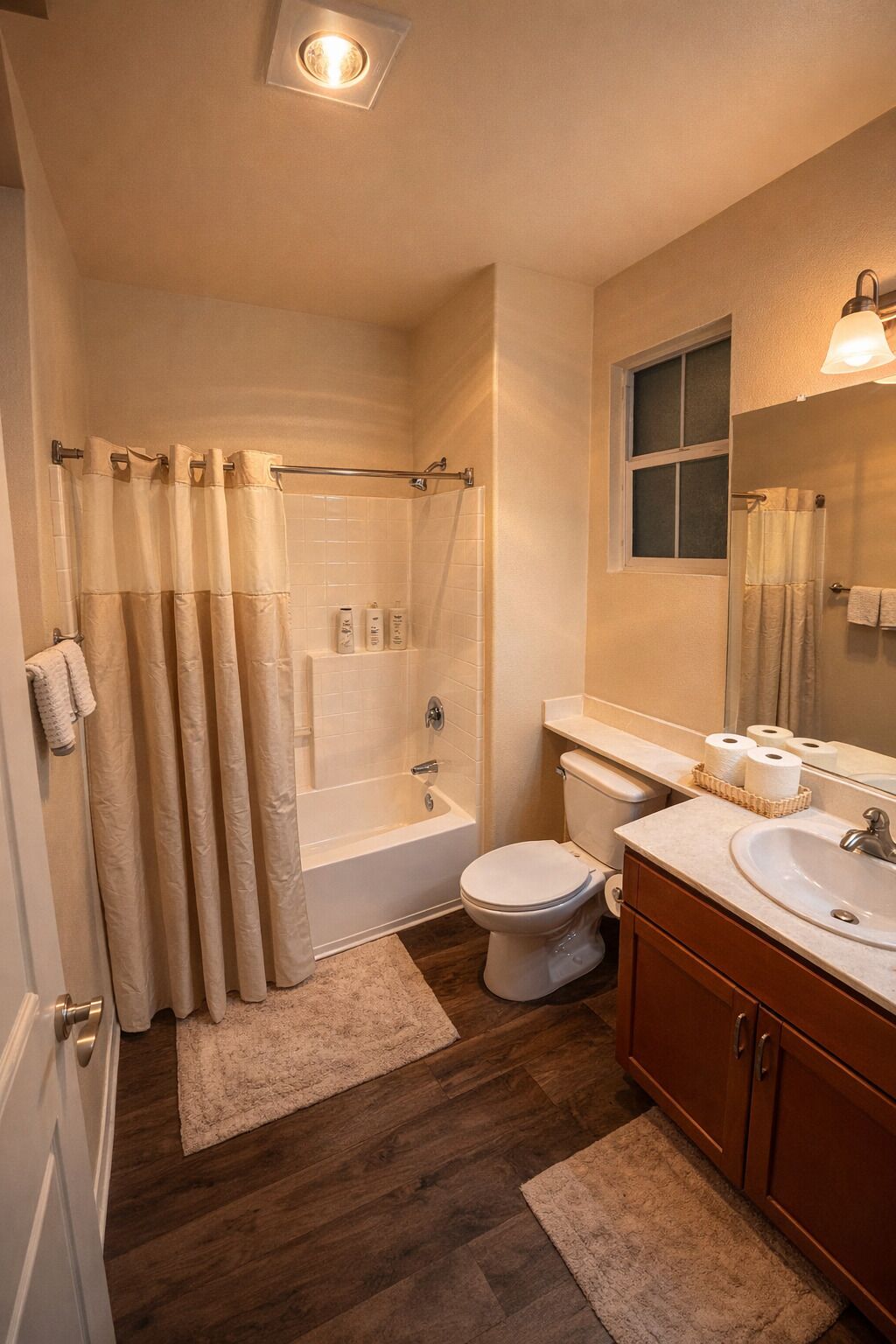 A bathroom with a bathtub, toilet, and sink.