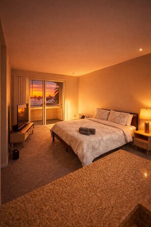 A hotel room with a large bed, a TV, a desk, and a view of a sunset through the sliding doors. - Cozy 1-bedroom apartment in brilliant Marina del Rey with AC Close TO Venice (Marina del Rey)