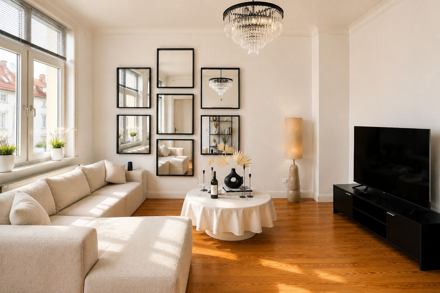 A modern living room with a sofa, a TV, a chandelier, and framed pictures on the wall.