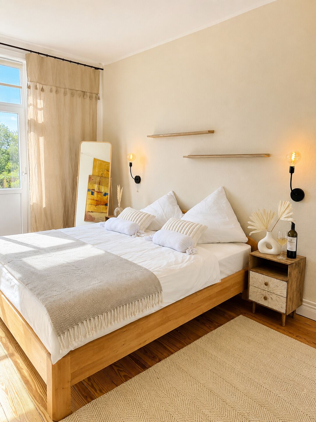 Un dormitorio con cama de madera, ropa de cama blanca, una mesita de noche con una botella y un vaso, y lámparas fijadas a la pared.