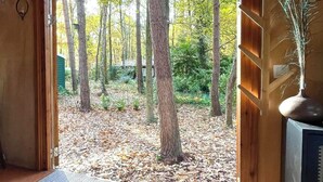 A wooden interior with a large window opening to a forested area.