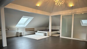Un dormitorio estilo loft moderno con tragaluces, una cama, un escritorio y una puerta corrediza de vidrio.