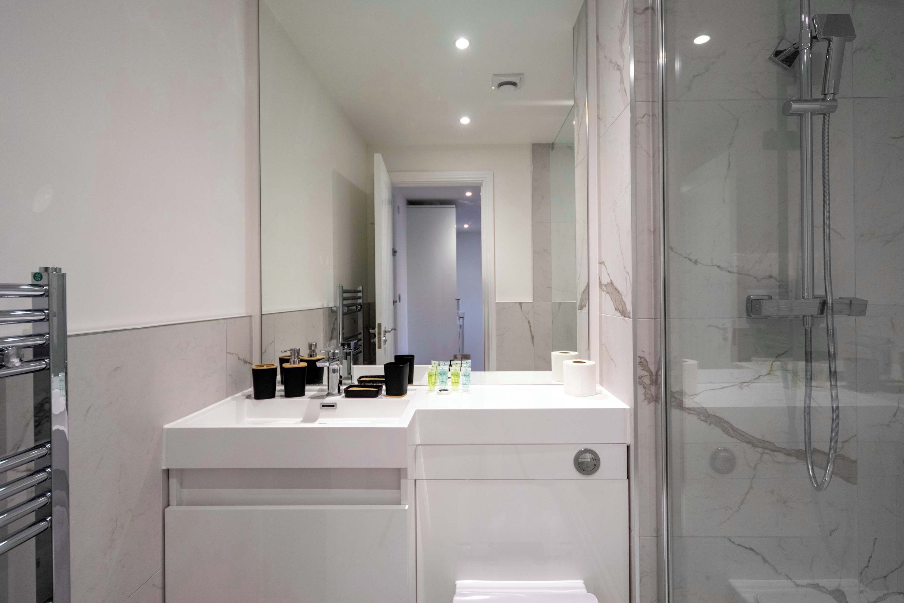 Shower, free toiletries, hair dryer, towels