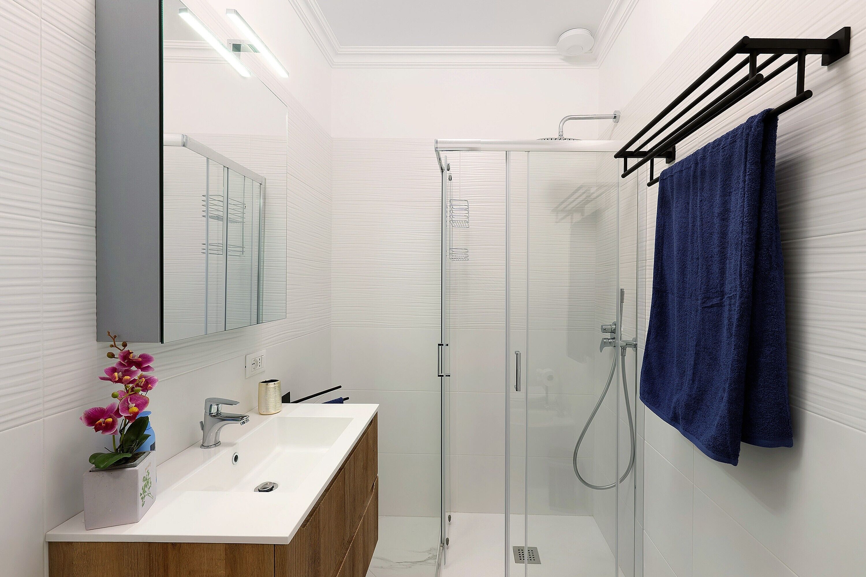 Chuveiro, secador de cabelo, toalhas de banho 