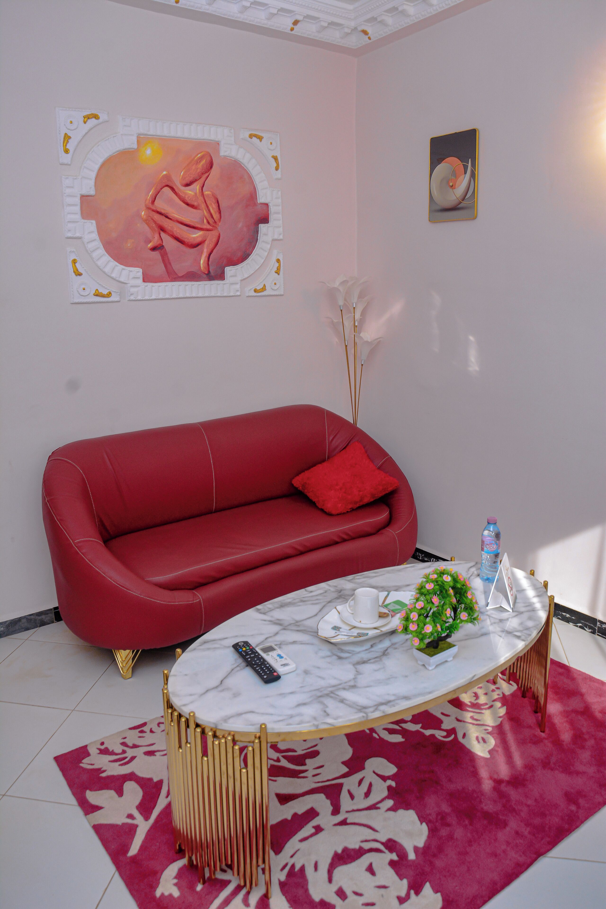 Un salon moderne avec un canapé rouge, une table basse en marbre et un tapis à motifs floraux roses.