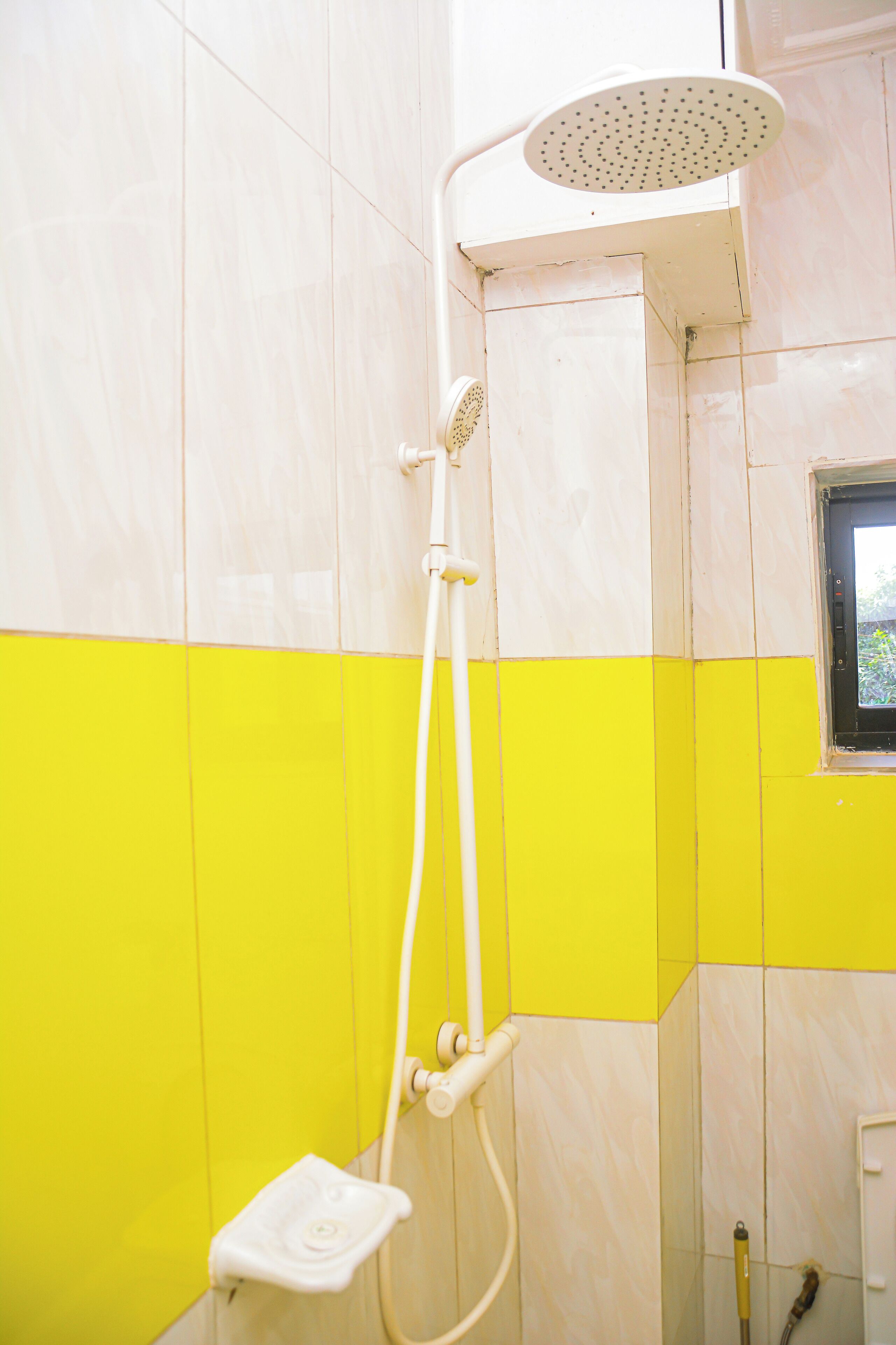 Une douche équipée d’un pommeau de douche à main et d’un flexible de douche.