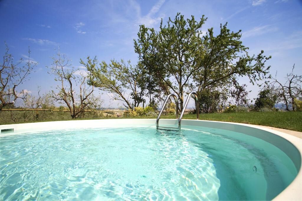 A clear swimming pool with a metal ladder and a tree in the center.