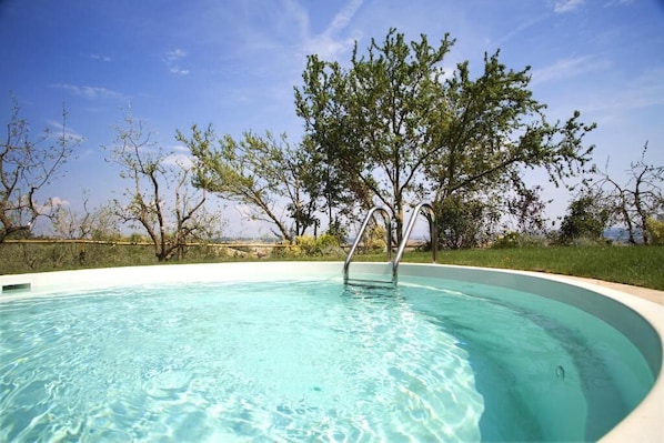 A clear swimming pool with a metal ladder and a tree in the center. - Borgo della Meliana (Gambassi Terme)