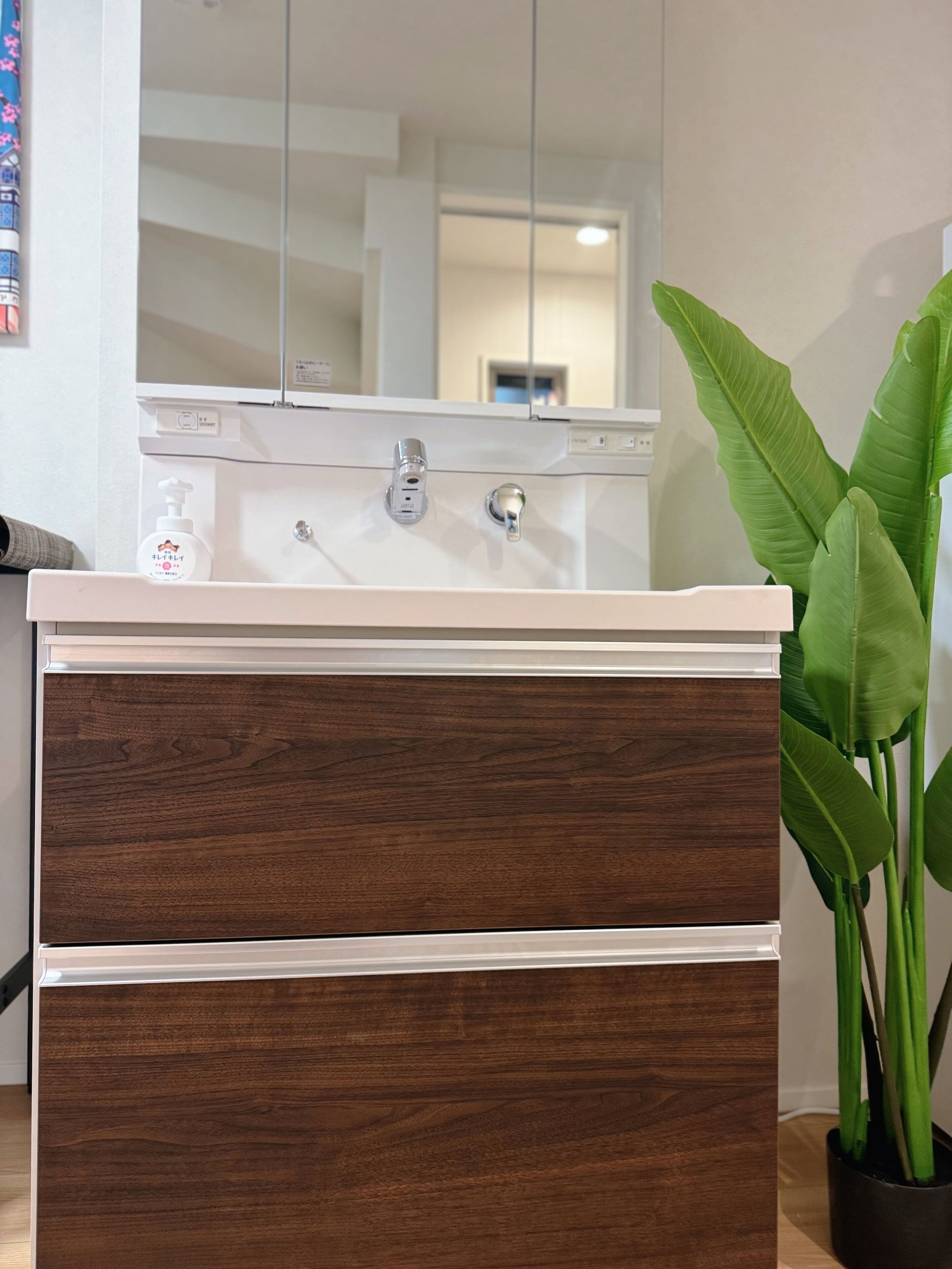 A bathroom with a white sink, a mirror above it, and a wooden vanity below. There is a green plant to the right.