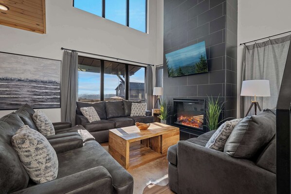 Télévision, cheminée, espaces bureaux