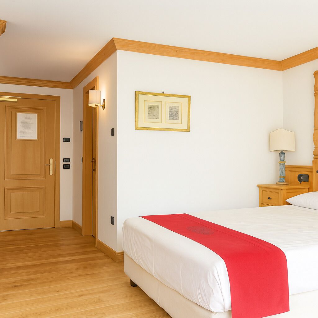 A hotel room with a wooden floor, a bed with a red blanket, a nightstand with a lamp, and a framed picture on the wall.