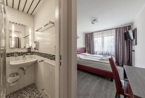 Douche, sèche-cheveux, serviettes fournies, savon