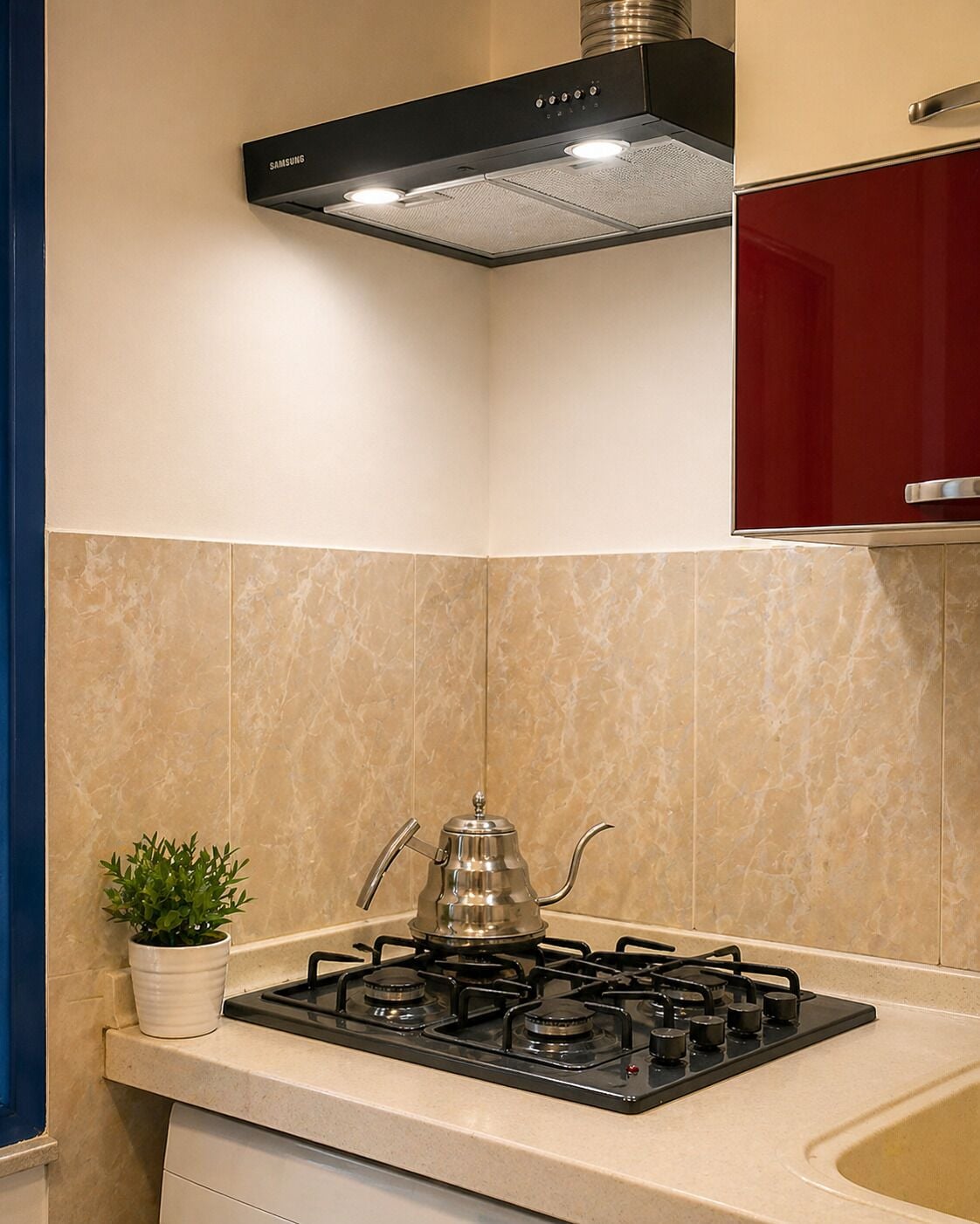A kitchen with a gas stove, a stainless steel kettle, a wall-mounted Samsung range hood, and a potted plant.