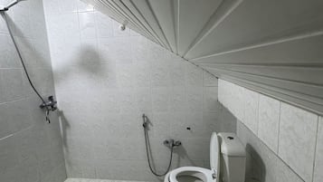 Hair dryer, bidet, towels, soap