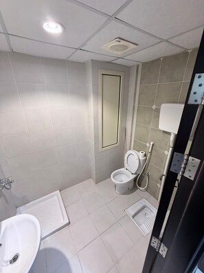 Dusch, hårtork, handdukar och tvål