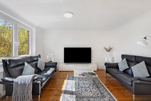 TV, fireplace - Luxury Holiday Home with Sauna, Fireplace, Pool Table, Garden, BBQ & Plenty of Space to Relax (Klein Rönnau)