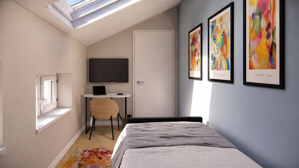 A bedroom with a bed, a desk, a chair, a TV, and three framed artworks on the wall. - Youngmann House (Prague)