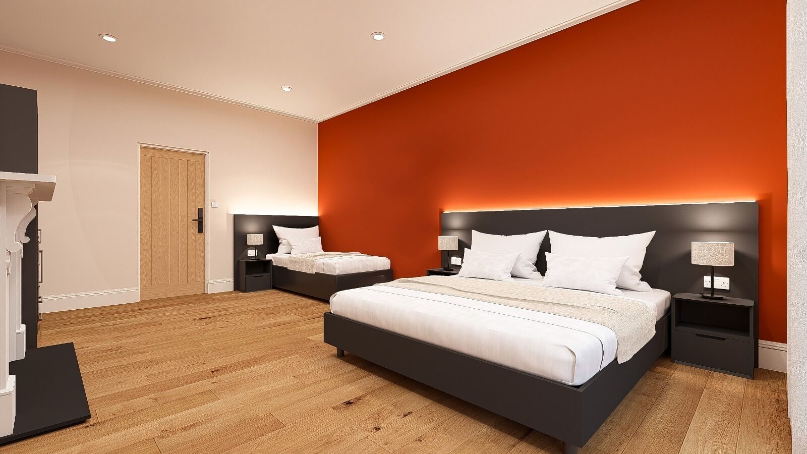 Desk, laptop workspace, iron/ironing board, travel crib