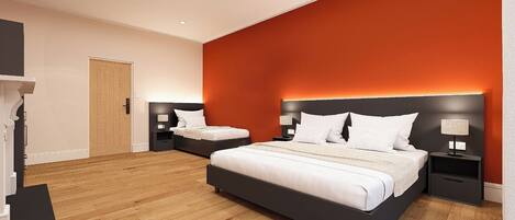 Desk, laptop workspace, iron/ironing board, travel cot