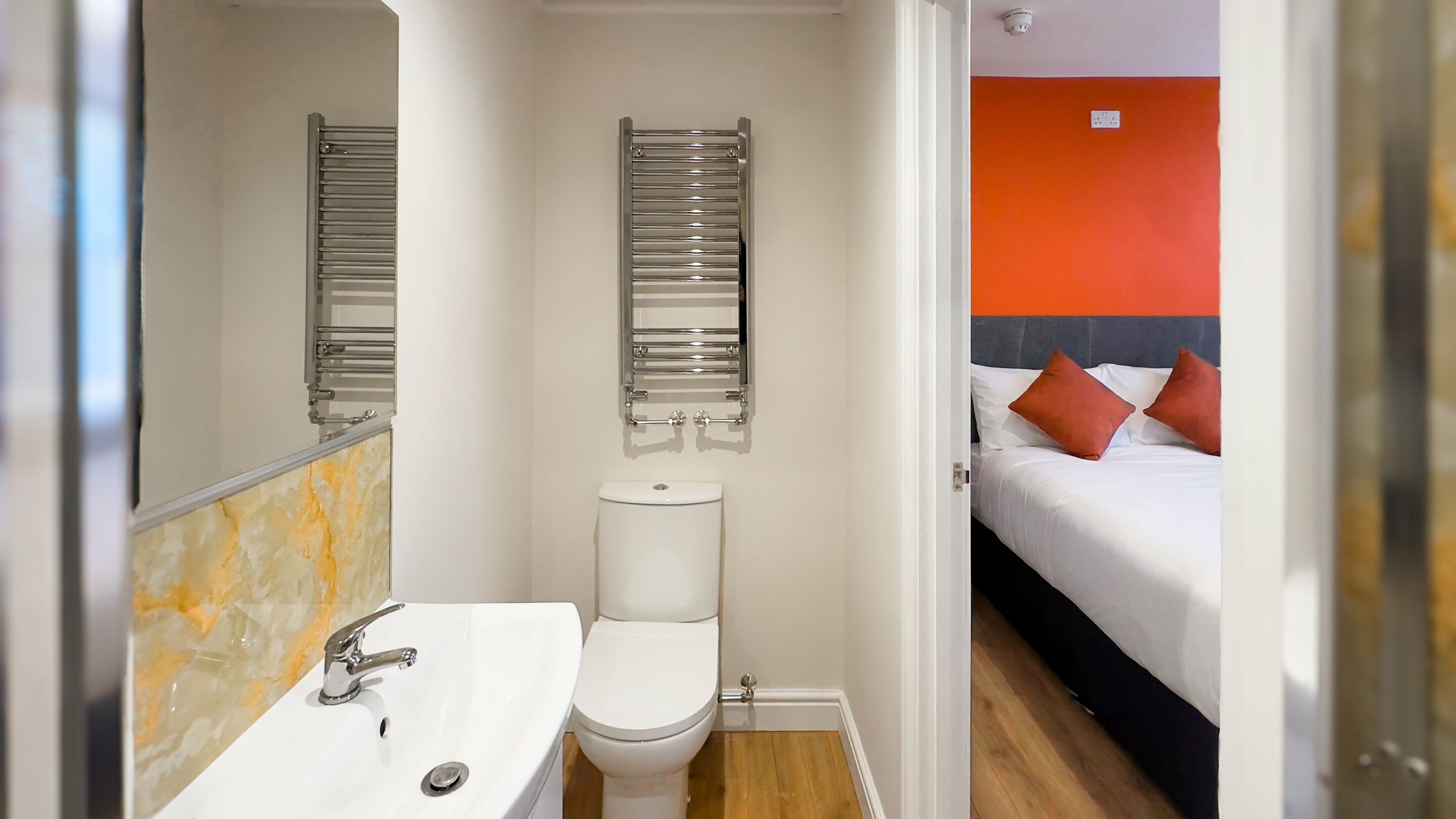 Shower, rainfall showerhead, hair dryer, towels