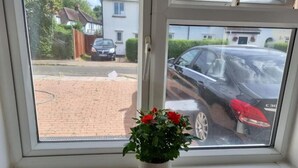 A window with a potted plant on the sill, a view of a residential street with houses and parked cars. - Cosy, Quiet, Studio Flat (Isleworth)