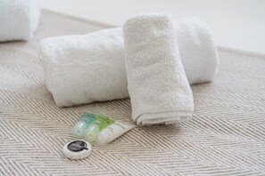 Dusche, Haartrockner, Handtücher, Seife