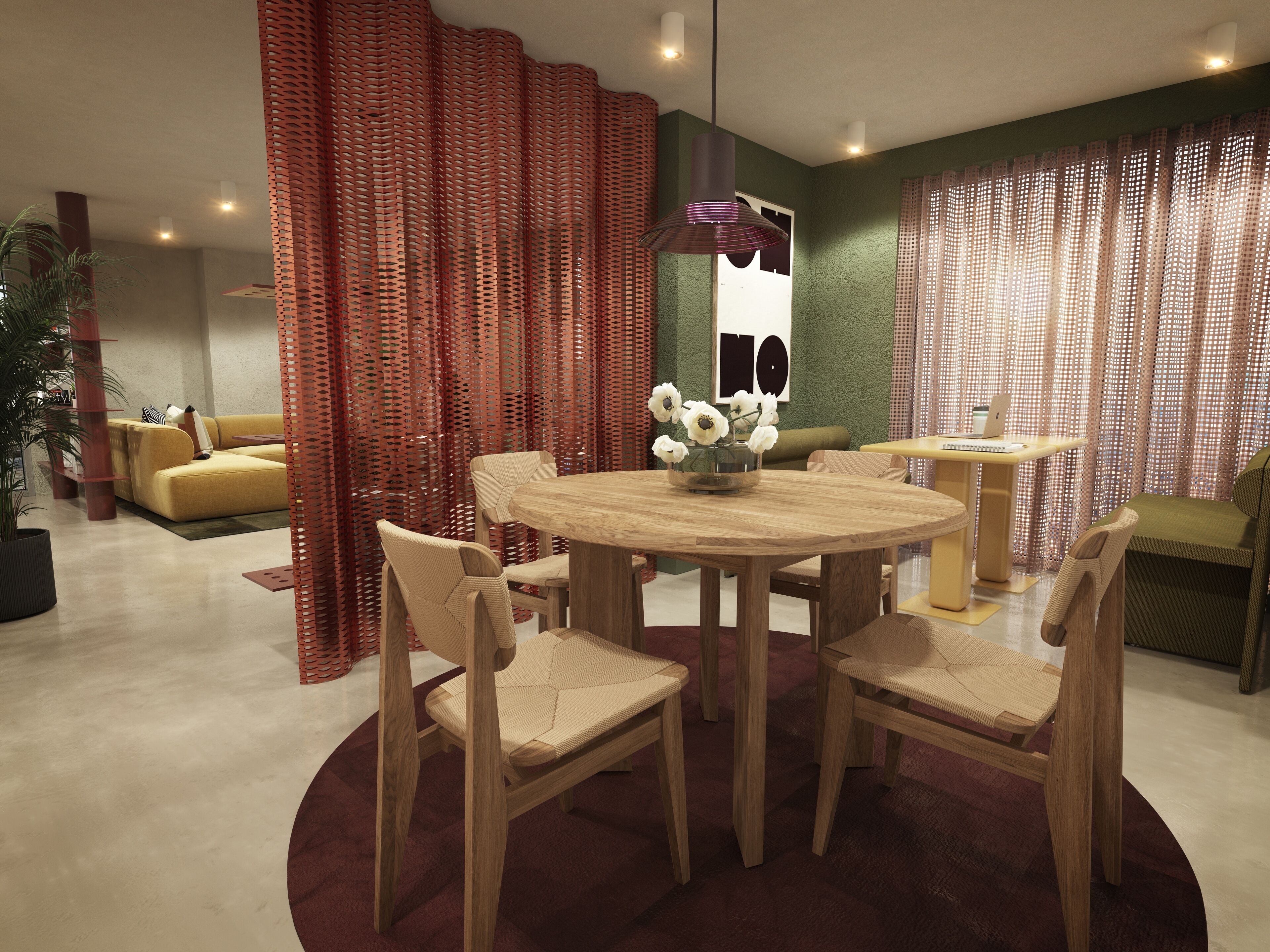 A modern dining area with a round wooden table, four chairs, and a vase of flowers.