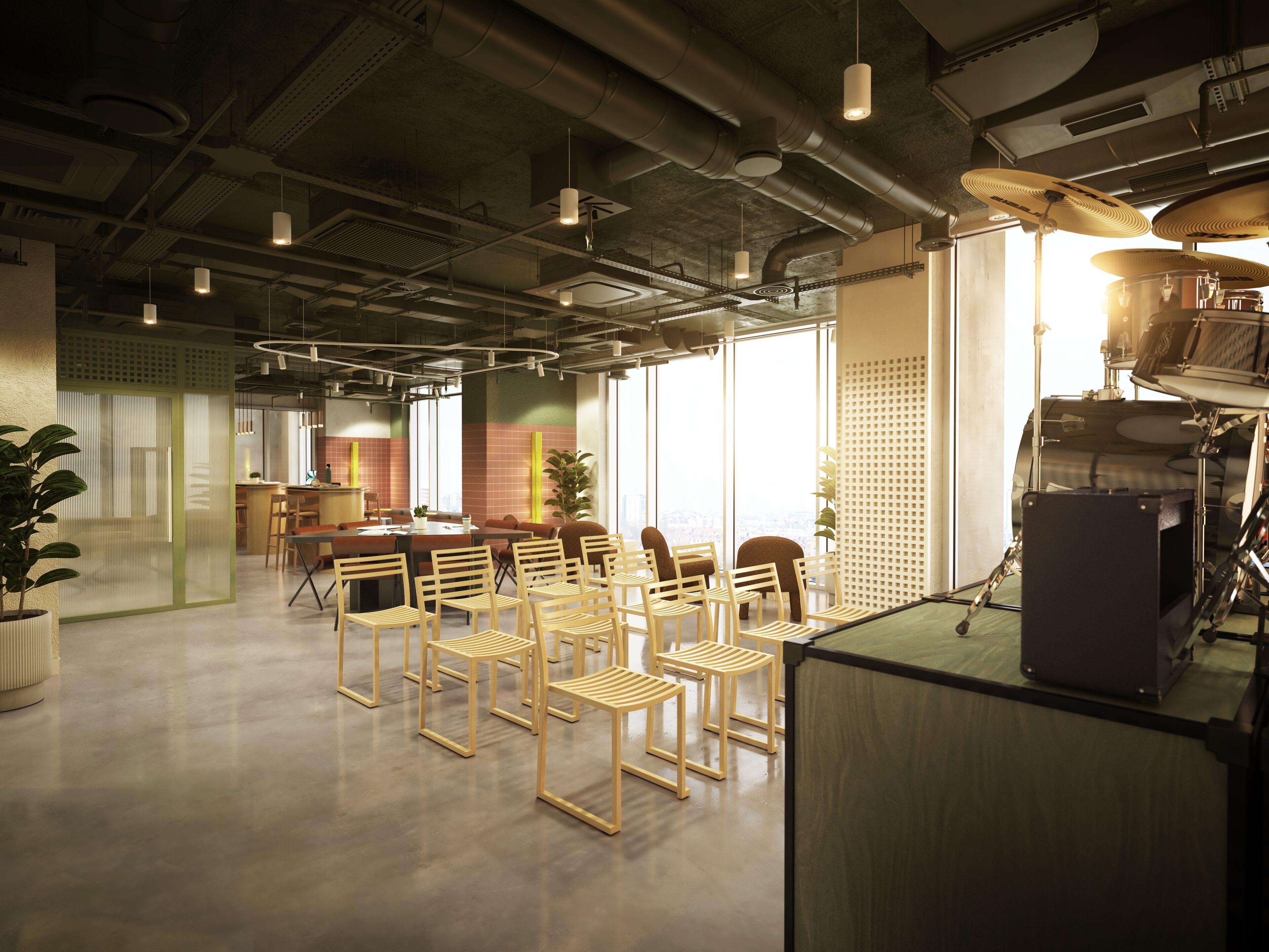 A spacious conference room with a high ceiling, exposed ductwork, and a drum set in the corner.