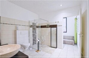 Douche, sèche-cheveux, serviettes fournies, savon