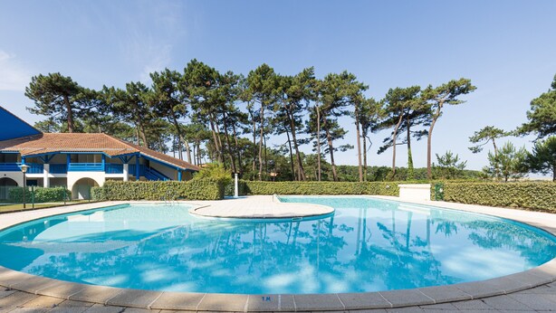 Piscina com deck revestido, rodeada por árvores e um edifício com detalhes azuis.