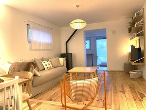 Smart-TV, Kamin, Bücher, Stereoanlage