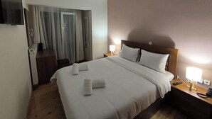 Une chambre d’hôtel avec un lit, des lampes de chevet, une télévision et un miroir.