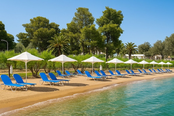 On the beach, sun-loungers, beach umbrellas, beach towels - Paradise Resort Evia (Eretria)