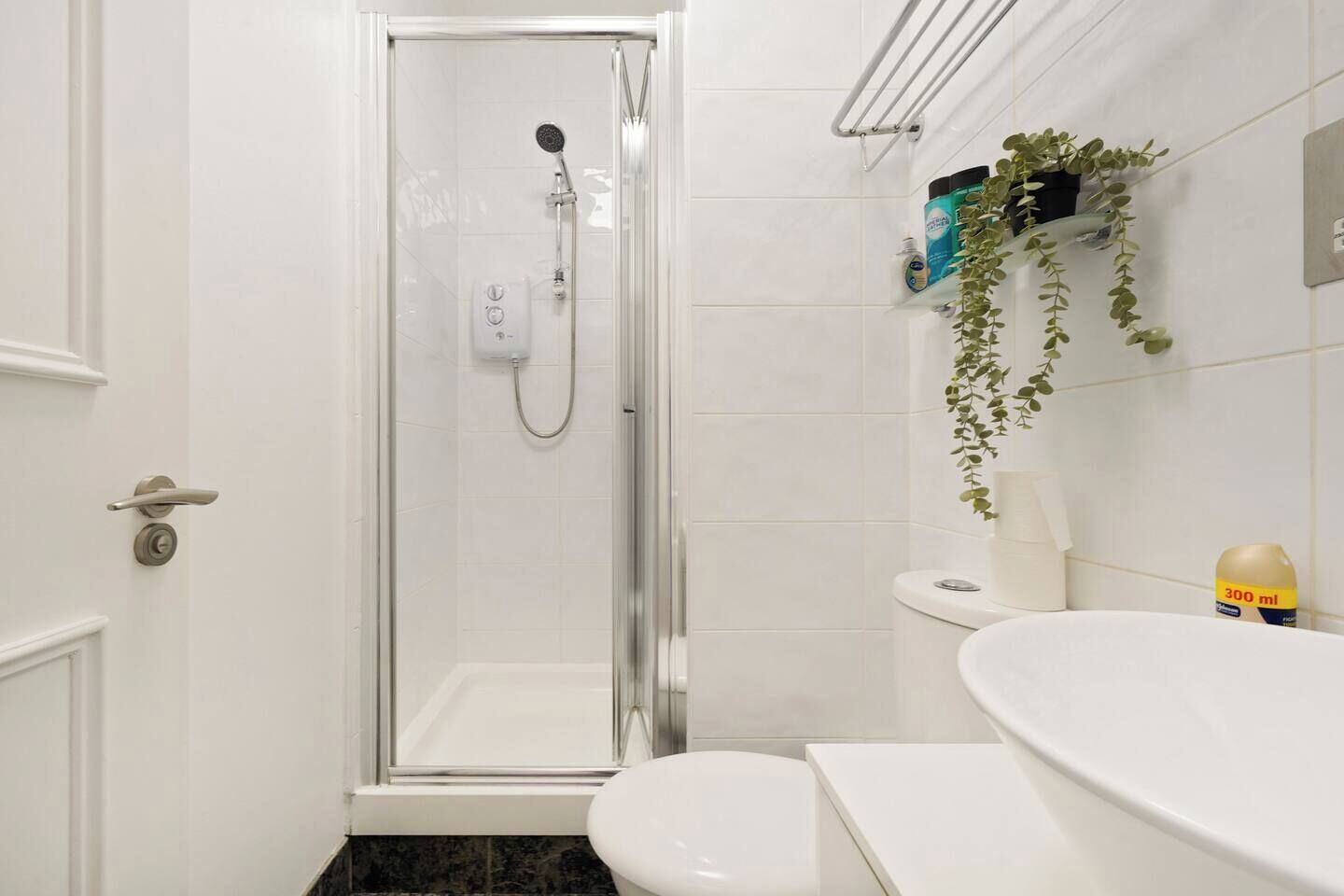 Une salle de bain avec une douche à parois de verre, des toilettes blanches et un lavabo avec un miroir.