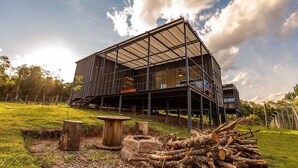 Un bâtiment moderne doté d’une façade en verre, d’une terrasse en bois et d’un espace verdoyant.