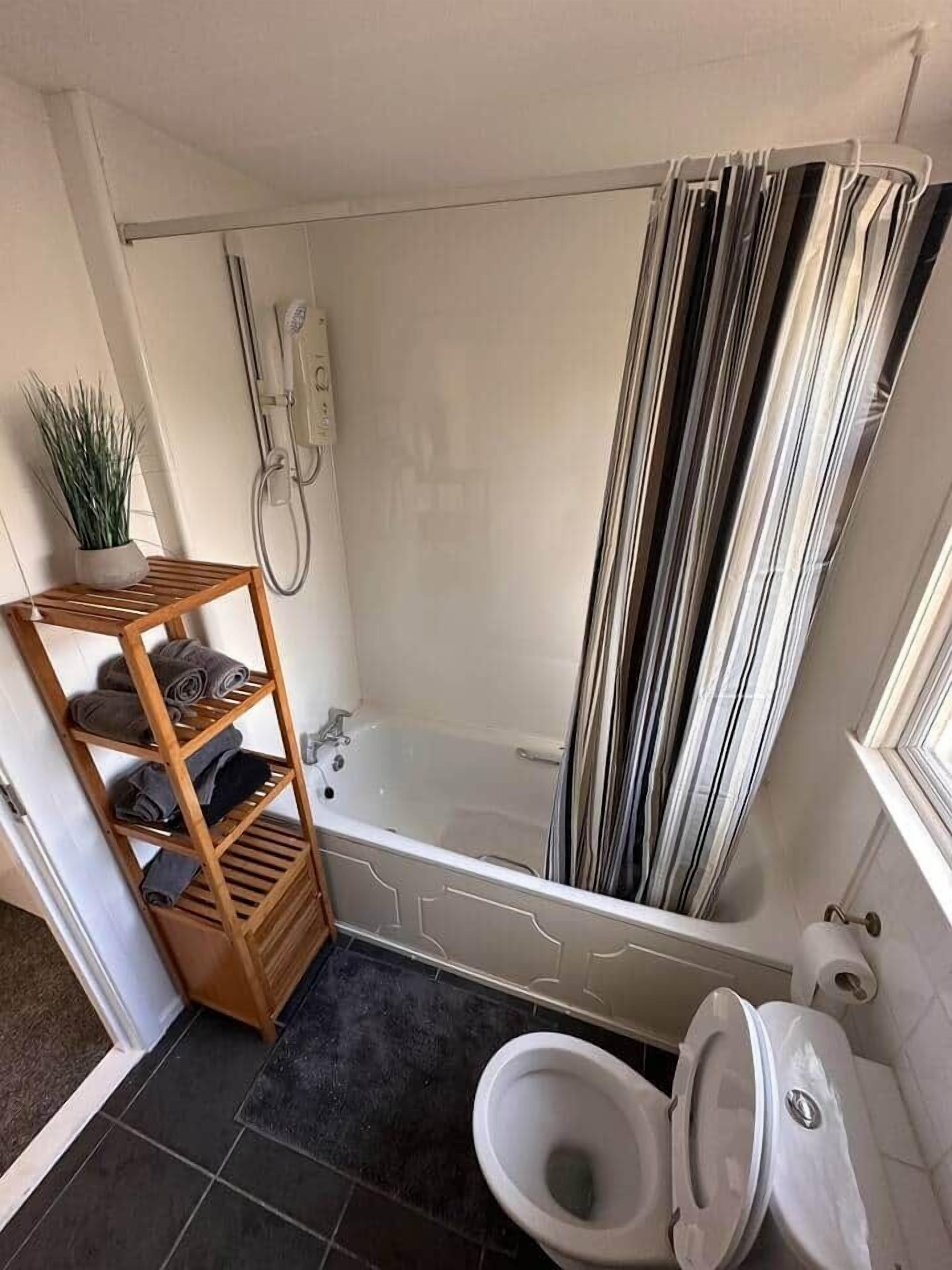 Hair dryer, towels, toilet paper