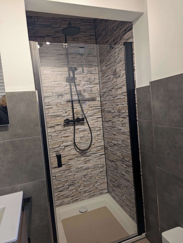 Shower, hair dryer, towels