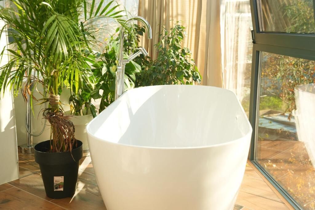 A white basin on a tiled floor near a window with curtains, surrounded by potted plants.