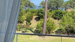 A view from a window with a curtain, overlooking a garden with various trees and shrubs, and a body of water in the distance. - Studio 1 living room terrace sea view (Sari-Solenzara)