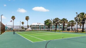 Un court de tennis avec un filet, entouré de palmiers et d’une clôture.